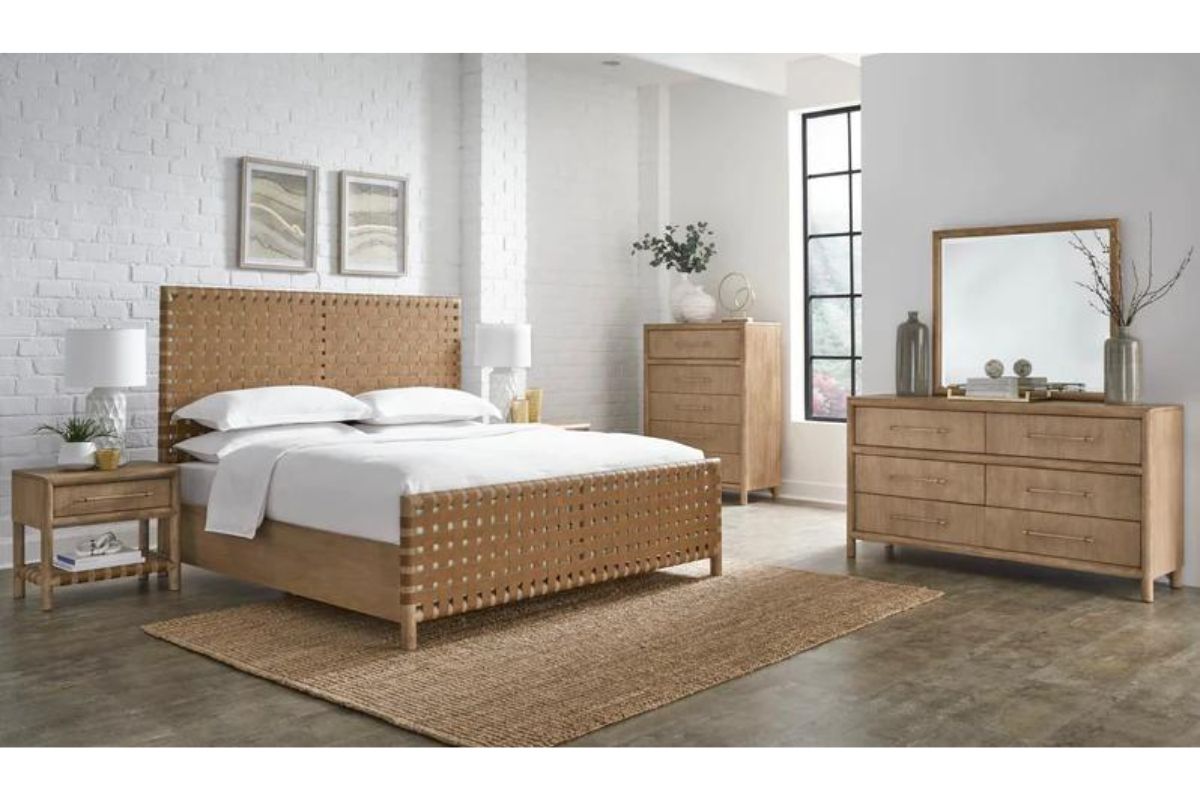 Dorsey Woven Panel Bed, Dresser, Mirror & Nightstand in Granola, Queen