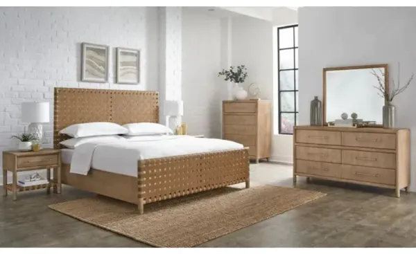Dorsey Woven Panel Bed, Dresser, Mirror & Nightstand in Granola, Eastern King