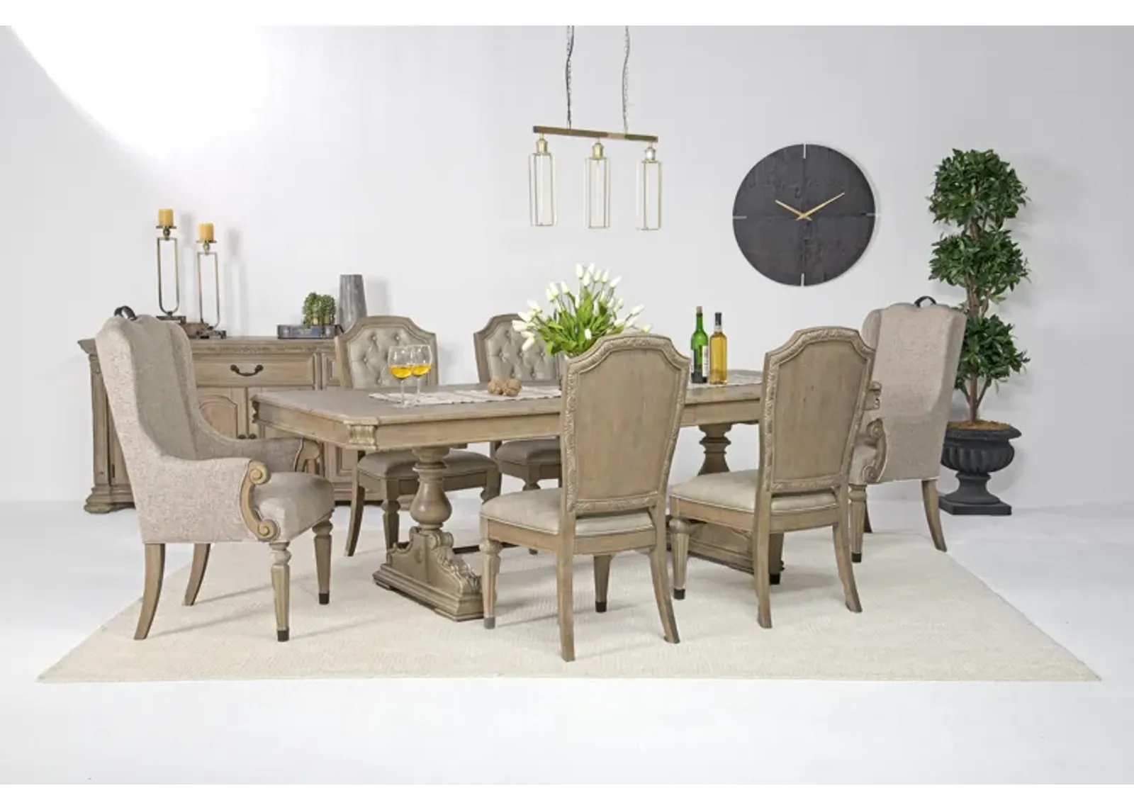 Durango Dining Table, 4 Side Chairs & 2 Arm Chairs in Fawn, Upholstered