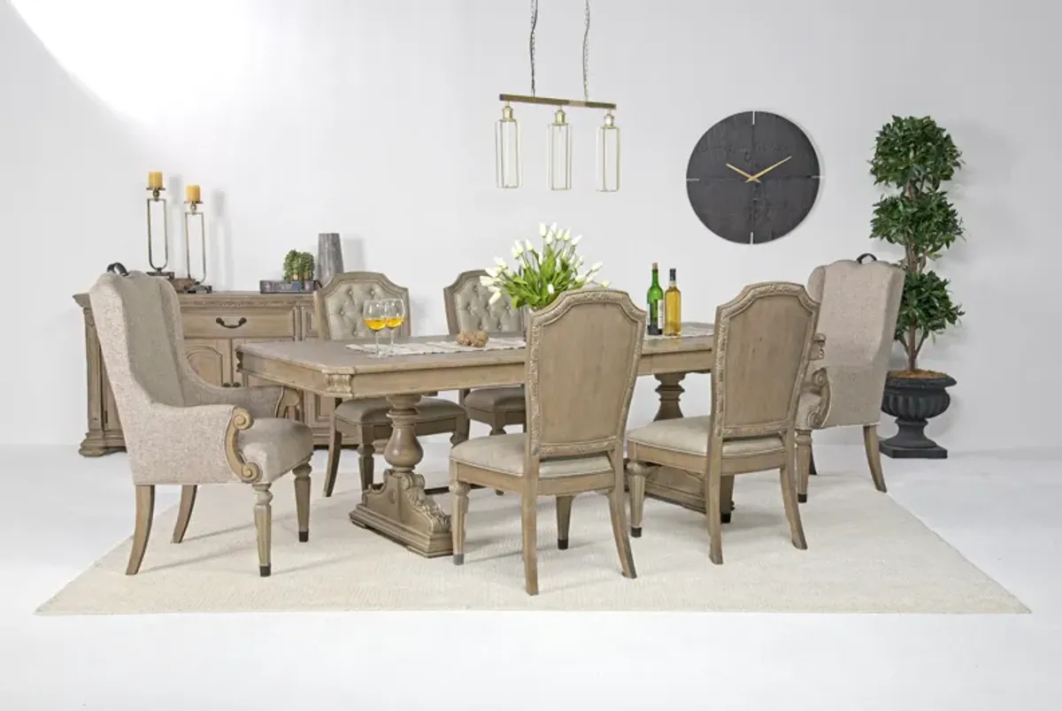 Durango Dining Table, 4 Side Chairs & 2 Arm Chairs in Fawn, Upholstered