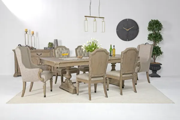 Durango Dining Table, 4 Side Chairs & 2 Arm Chairs in Fawn, Upholstered