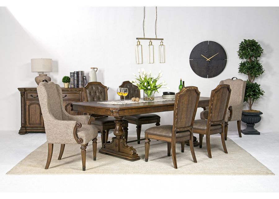 Durango Dining Table, 4 Side Chairs & 2 Arm Chairs in Willadeene, Upholstered