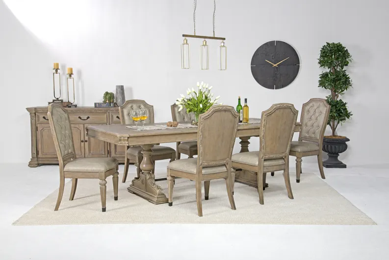 Durango Dining Table & 6 Chairs in Fawn, Upholstered