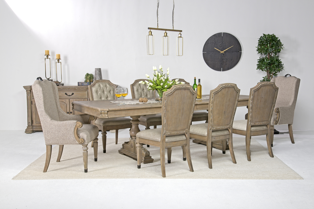 Durango Dining Table, 6 Chairs & 2 Arm Chairs in Fawn, Upholstered