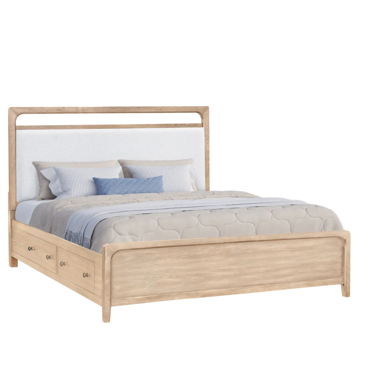 Easton Upholstered Storage Bed, Dresser, Mirror & Nightstand in Natural, Queen