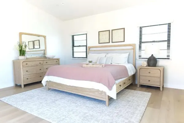 Easton Upholstered Storage Bed, Dresser, Mirror & Nightstand in Natural, Eastern King