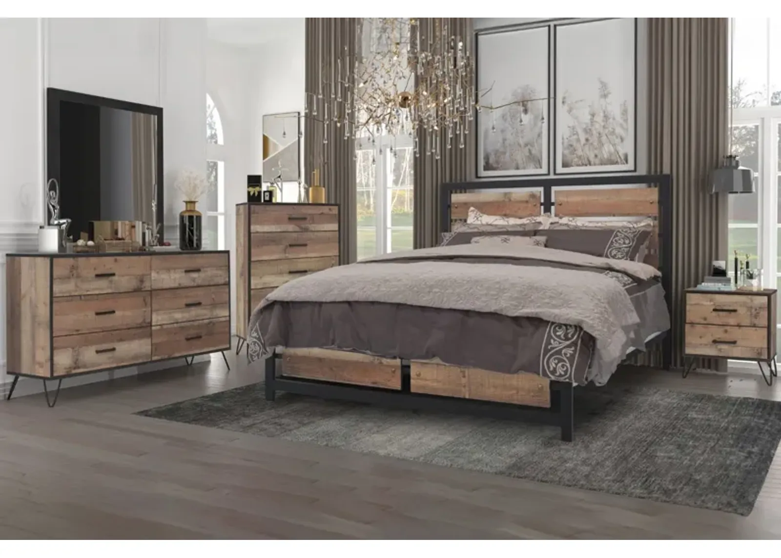 Elk River Panel Bed, Dresser, Mirror & Nightstand in Rustic Brown, Queen