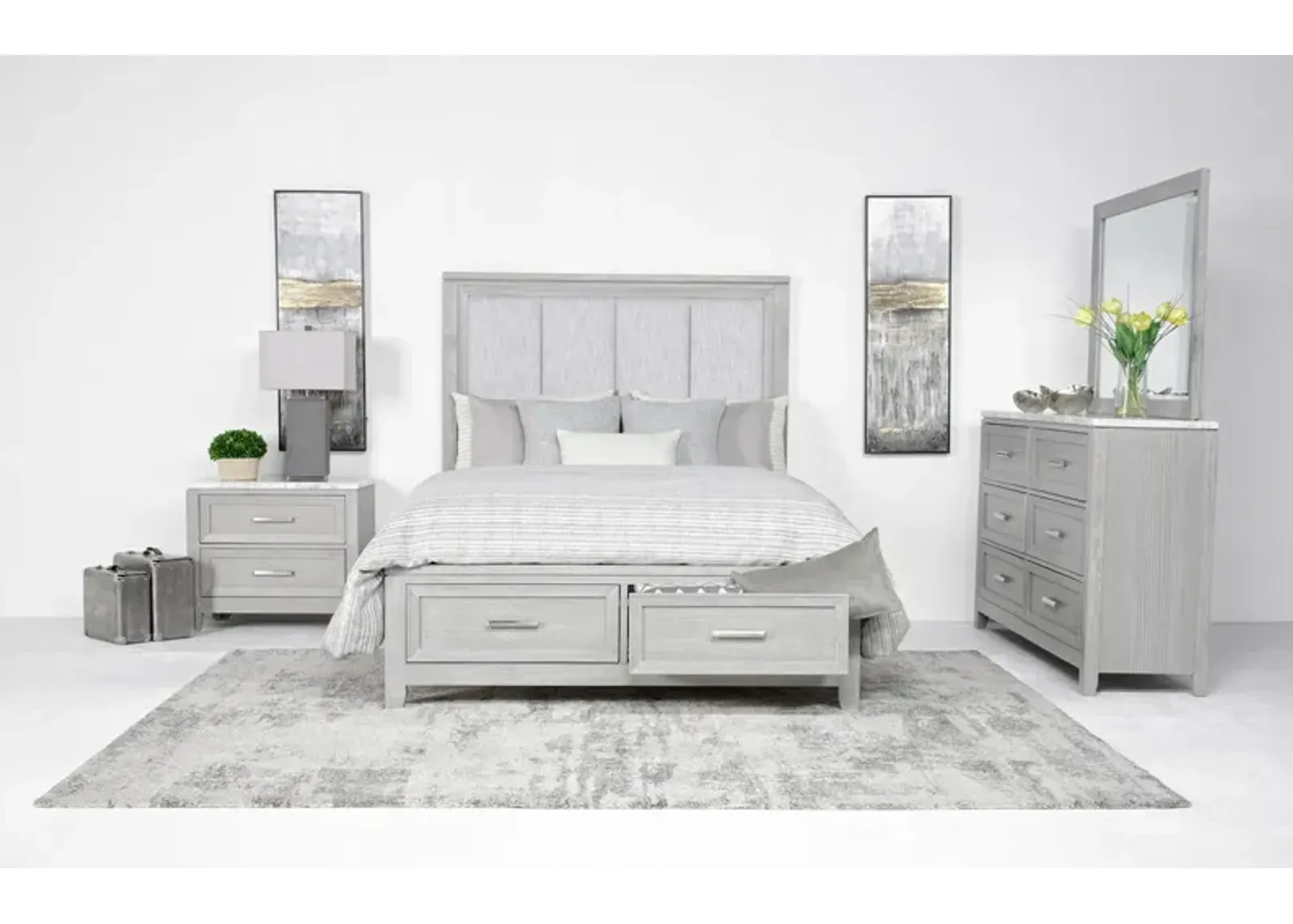 Fiona Storage Bed, Dresser, Mirror & Nightstand in Mist Gray, Queen