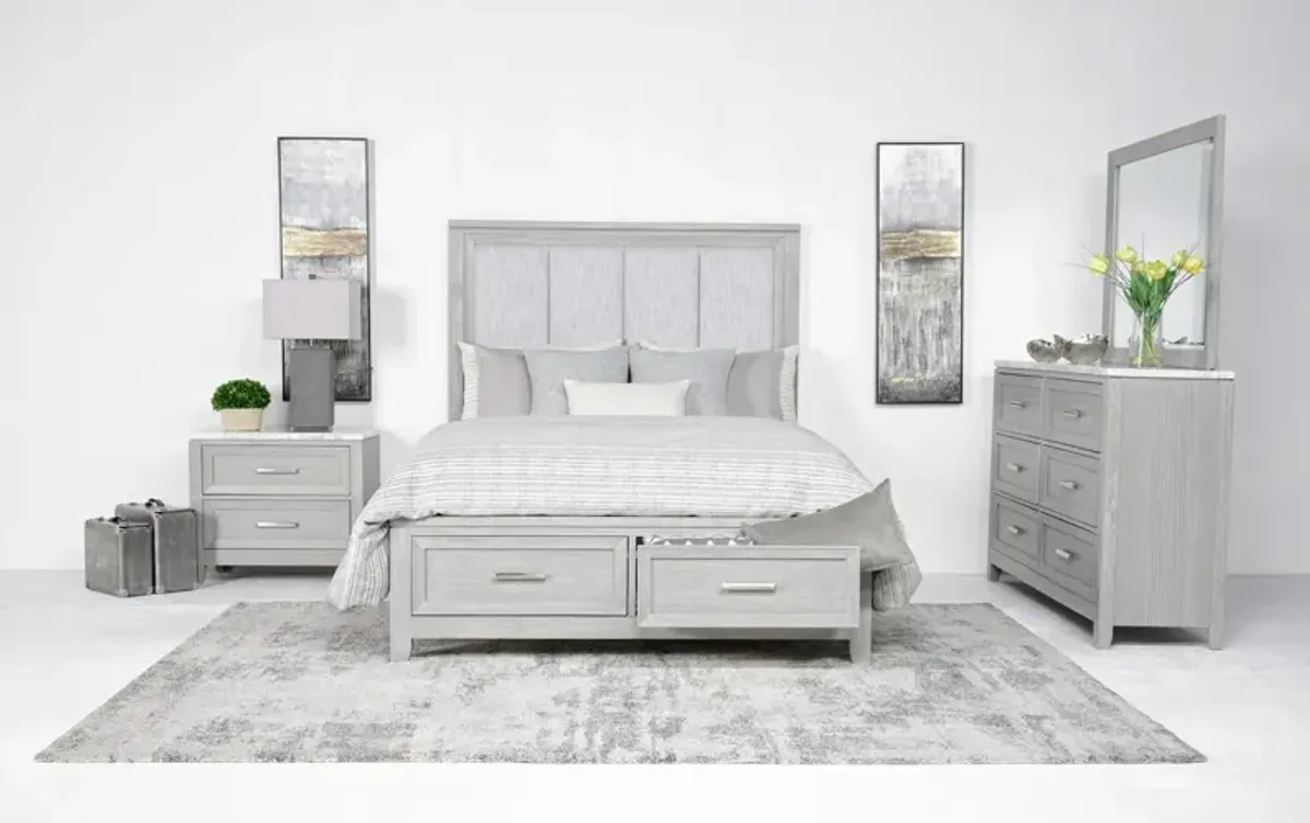 Fiona Storage Bed, Dresser, Mirror & Nightstand in Mist Gray, Queen