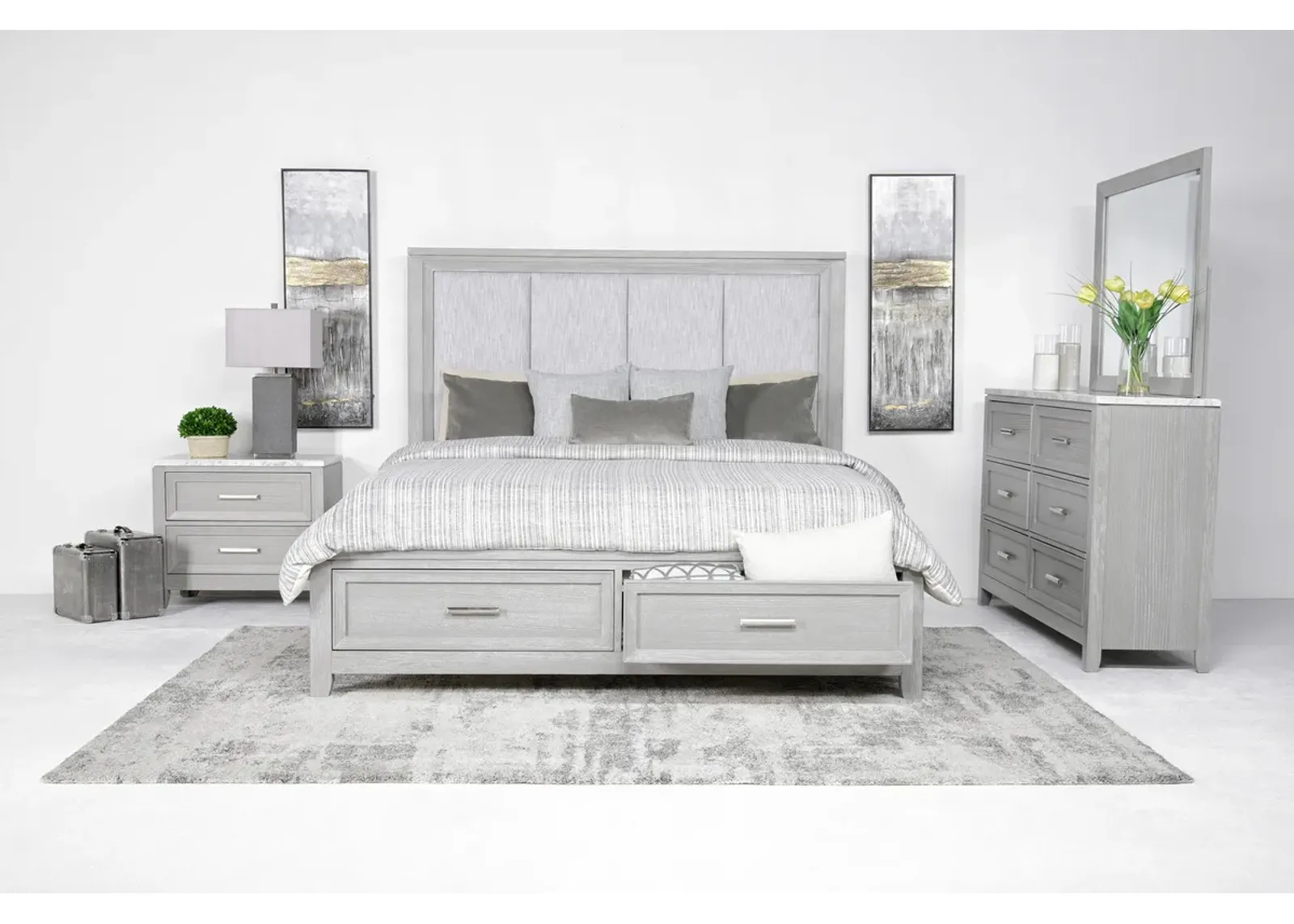 Fiona Storage Bed, Dresser, Mirror & Nightstand in Mist Gray, CA King