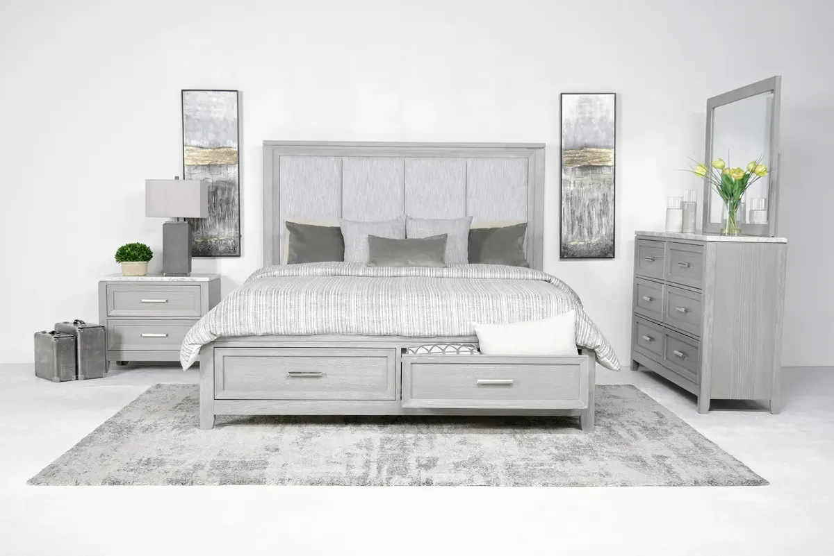 Fiona Storage Bed, Dresser, Mirror & Nightstand in Mist Gray, CA King