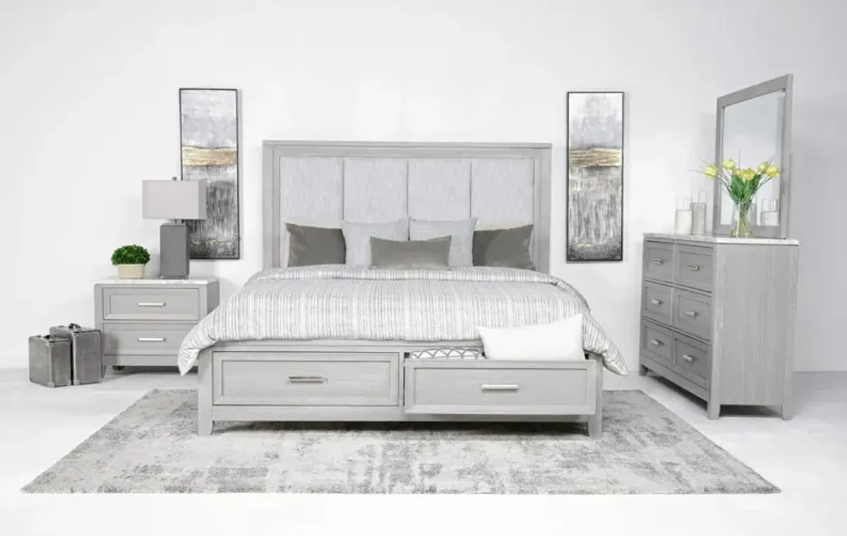 Fiona Storage Bed, Dresser, Mirror & Nightstand in Mist Gray, CA King