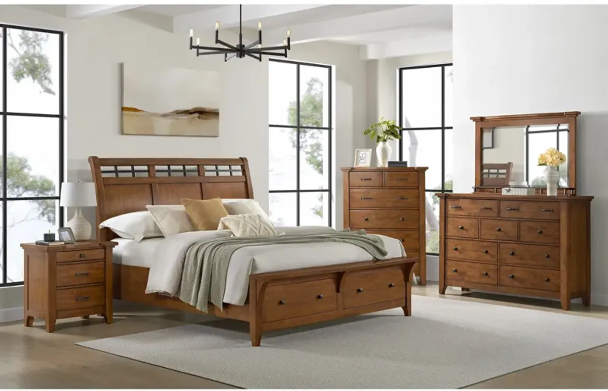 Gage Sleigh Bed w/ Storage, Dresser, Mirror & Nightstand in Chestnut, Queen