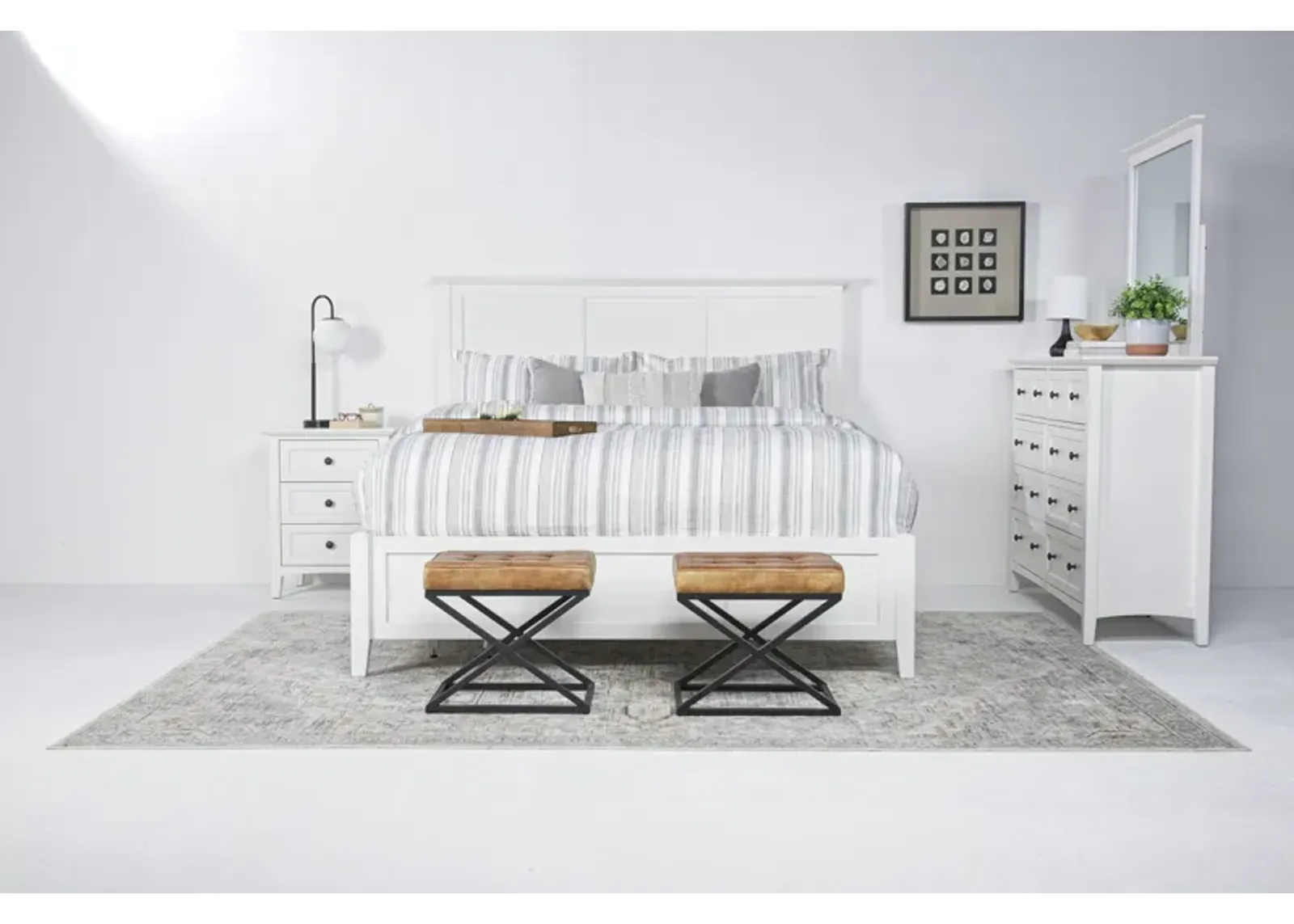 Grace Panel Bed, Dresser, Mirror & Nightstand in Snowfall, Queen