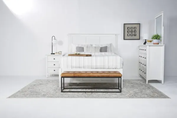 Grace Panel Bed, Dresser & Mirror in Snowfall, Full