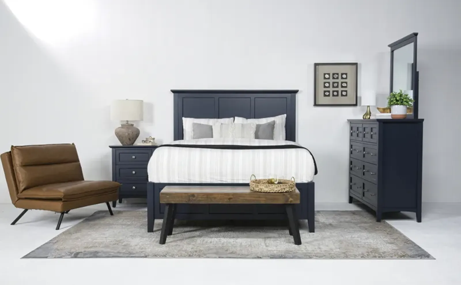 Grace Panel Bed, Dresser, Mirror & Nightstand in Blueberry, Queen