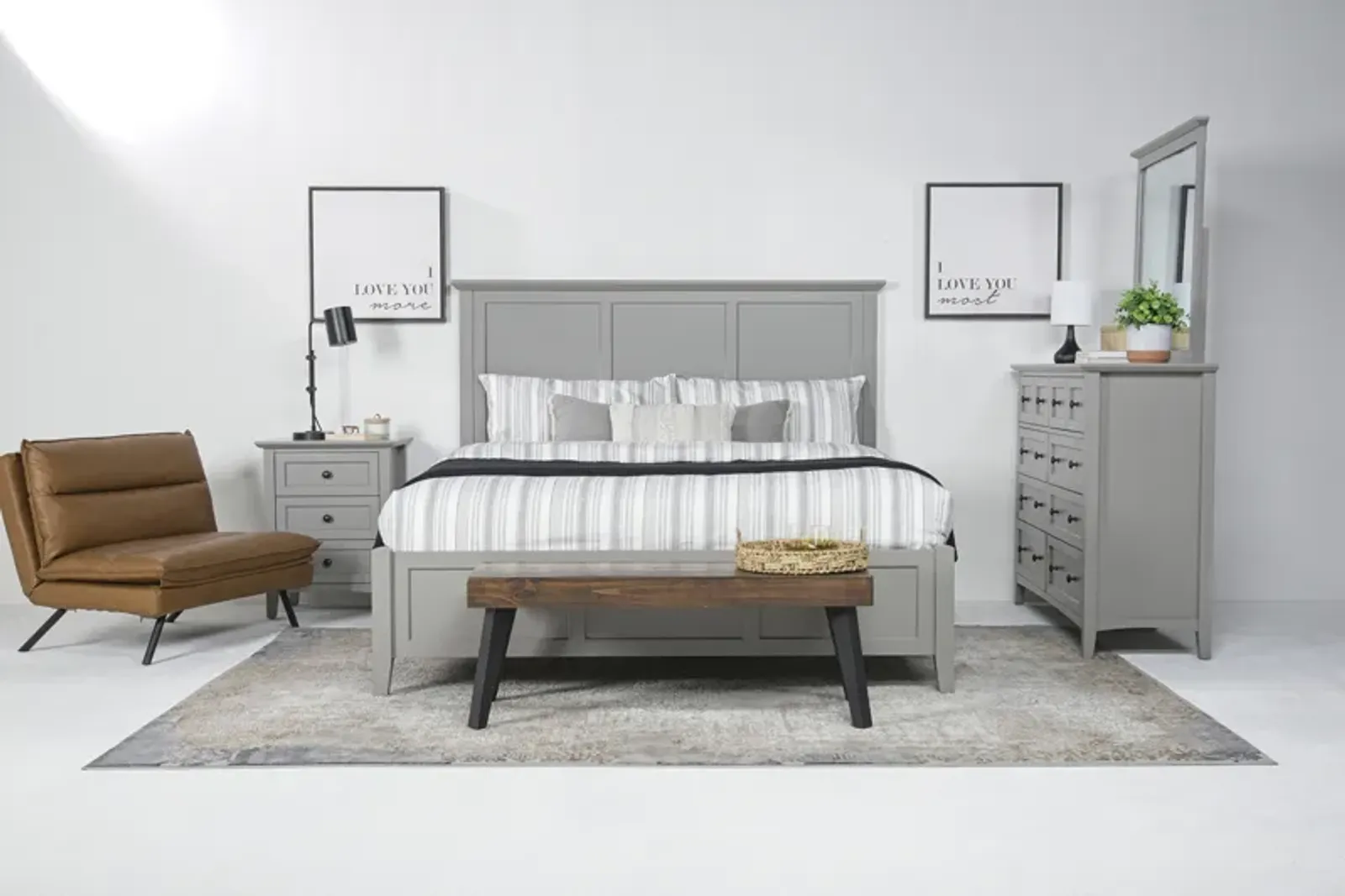 Grace Panel Bed, Dresser & Mirror in Elephant Gray, Eastern King