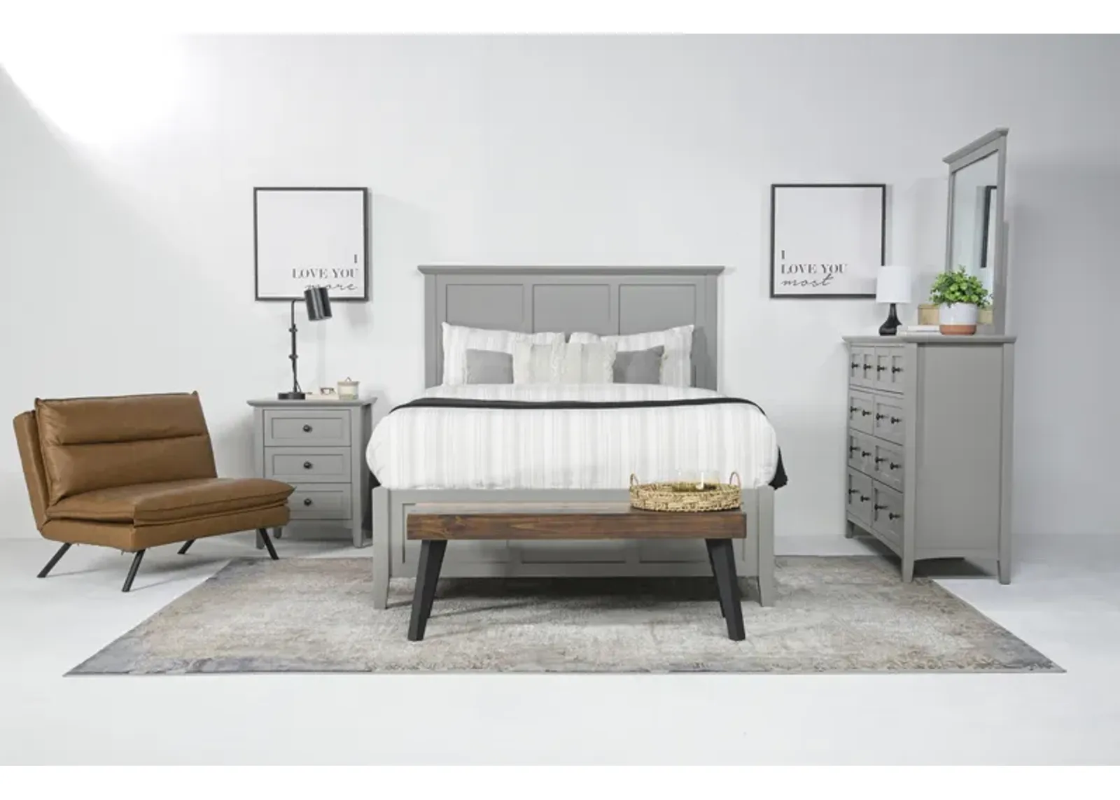 Grace Panel Bed, Dresser, Mirror & Nightstand in Elephant Gray, Full