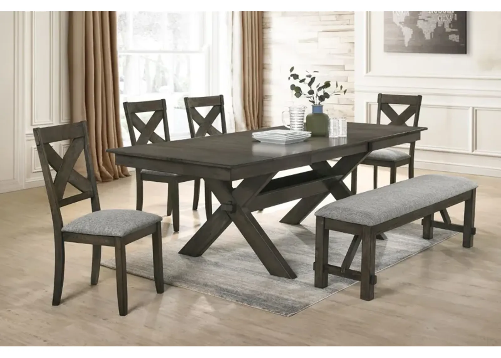 Gulliver Dining Table, 4 Chairs & Bench in Rustic Brown