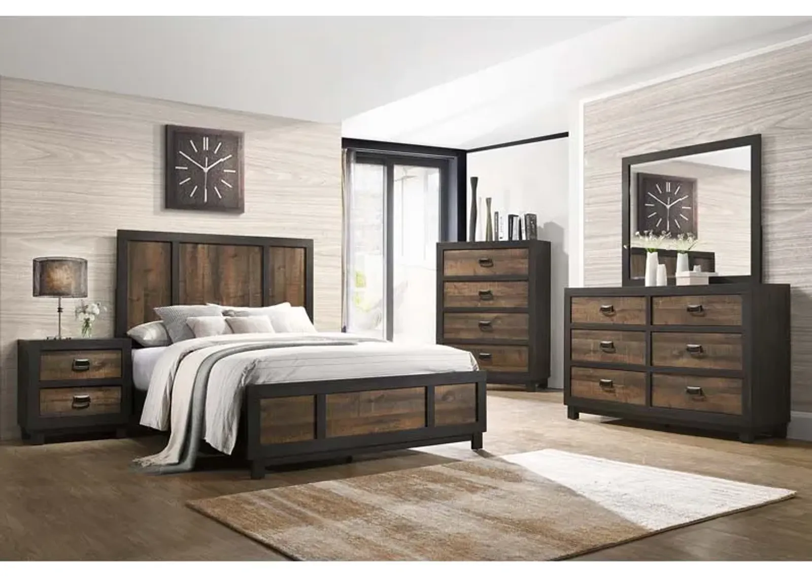 Harlington Panel Bed, Dresser, Mirror & Nightstand in Walnut, Queen