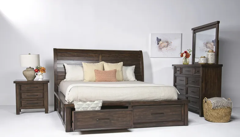 Sonora Sleigh Bed w/ Storage, Dresser & Mirror in Espresso, Queen