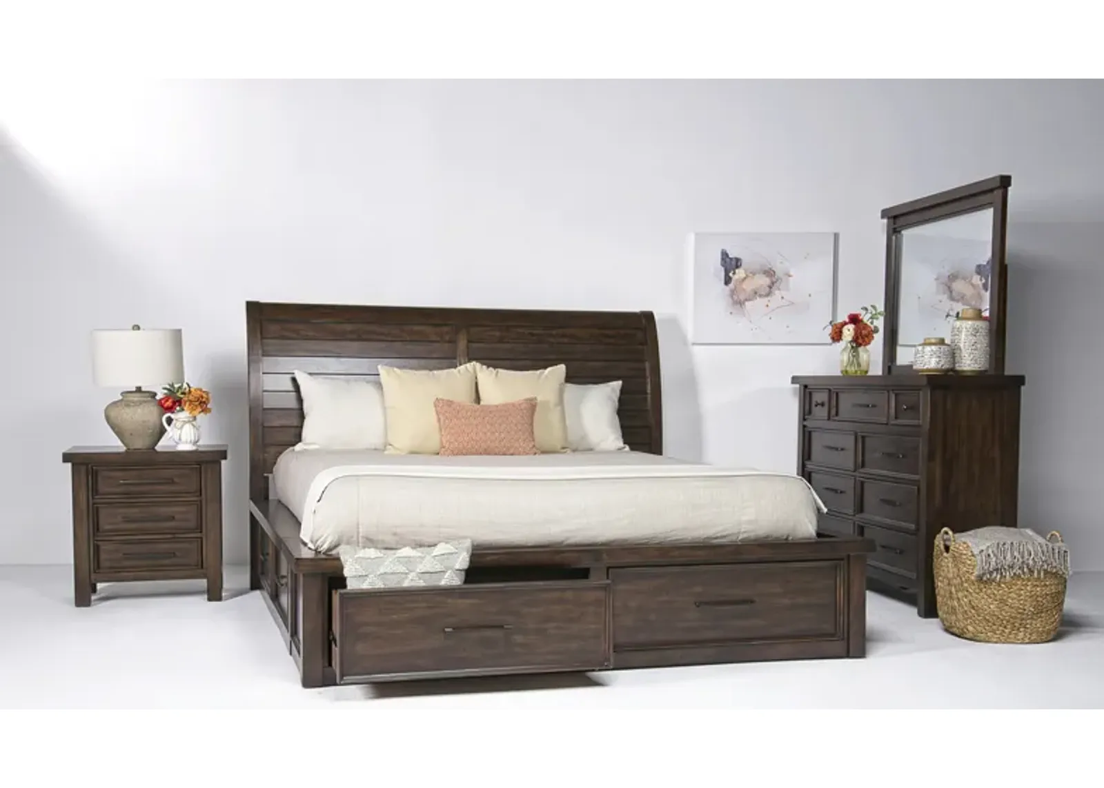 Sonora Sleigh Bed w/ Storage, Dresser & Mirror in Espresso, Eastern King