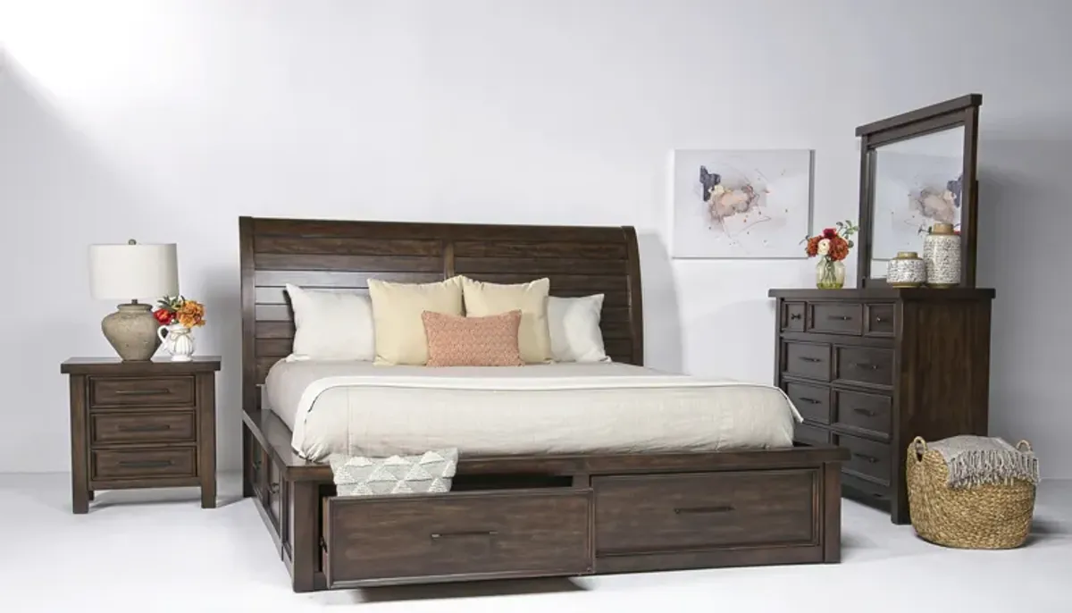 Sonora Sleigh Bed w/ Storage, Dresser & Mirror in Espresso, Eastern King