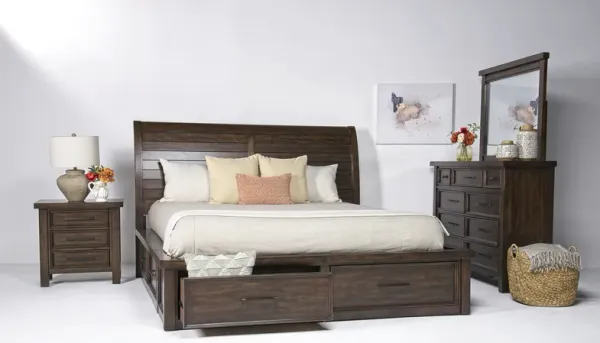 Sonora Sleigh Bed w/ Storage, Dresser & Mirror in Brown, Eastern King
