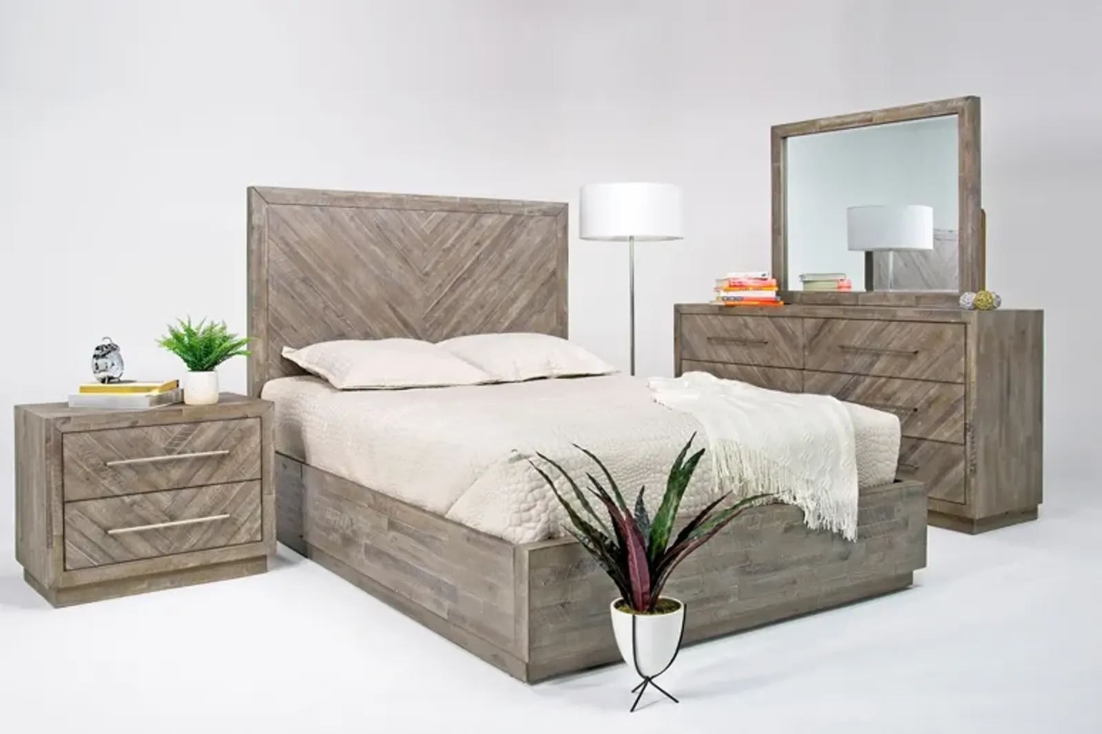 Herringbone Panel Bed w/ Storage, Dresser, Mirror & Nightstand in Gray, CA King