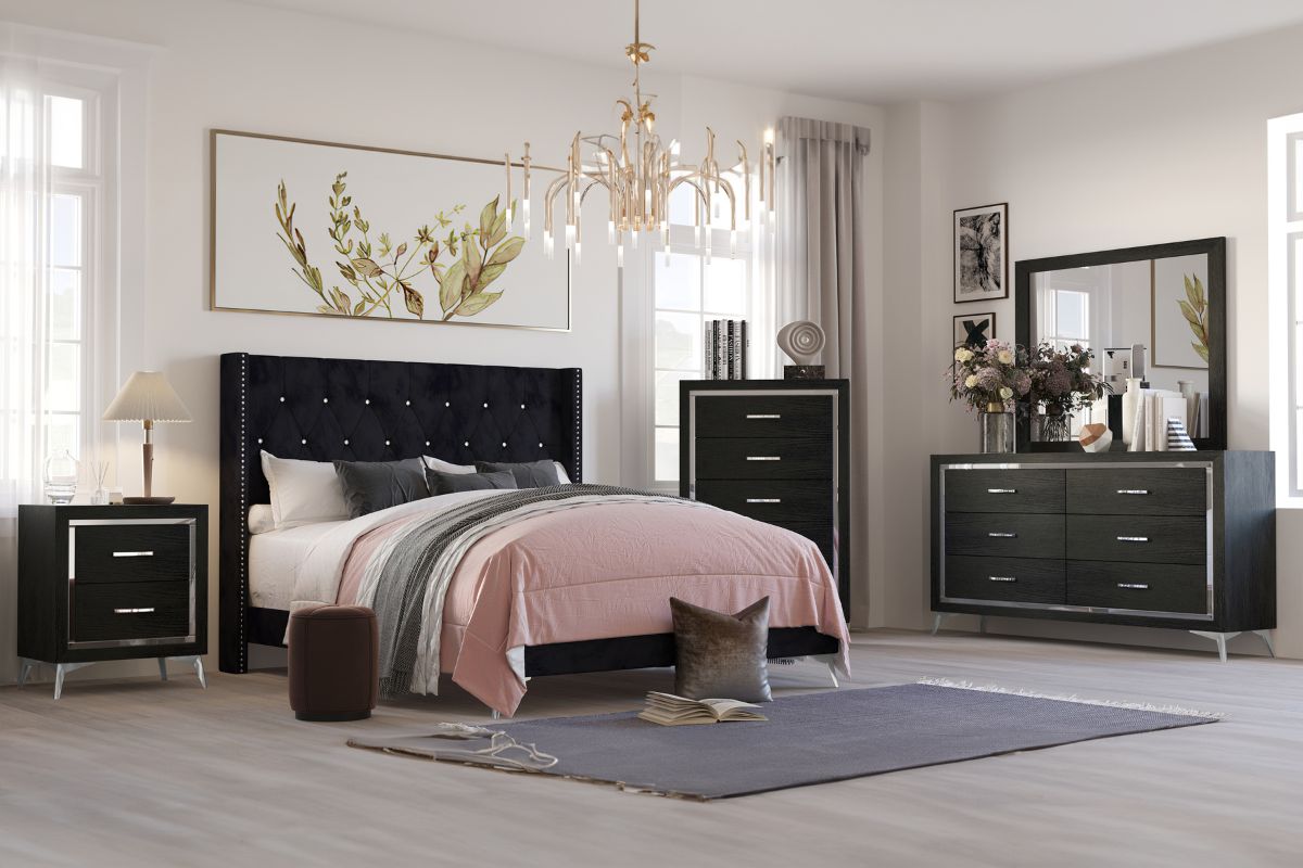 Huxley Panel Bed, Dresser, Mirror & Nightstand in Black, Queen