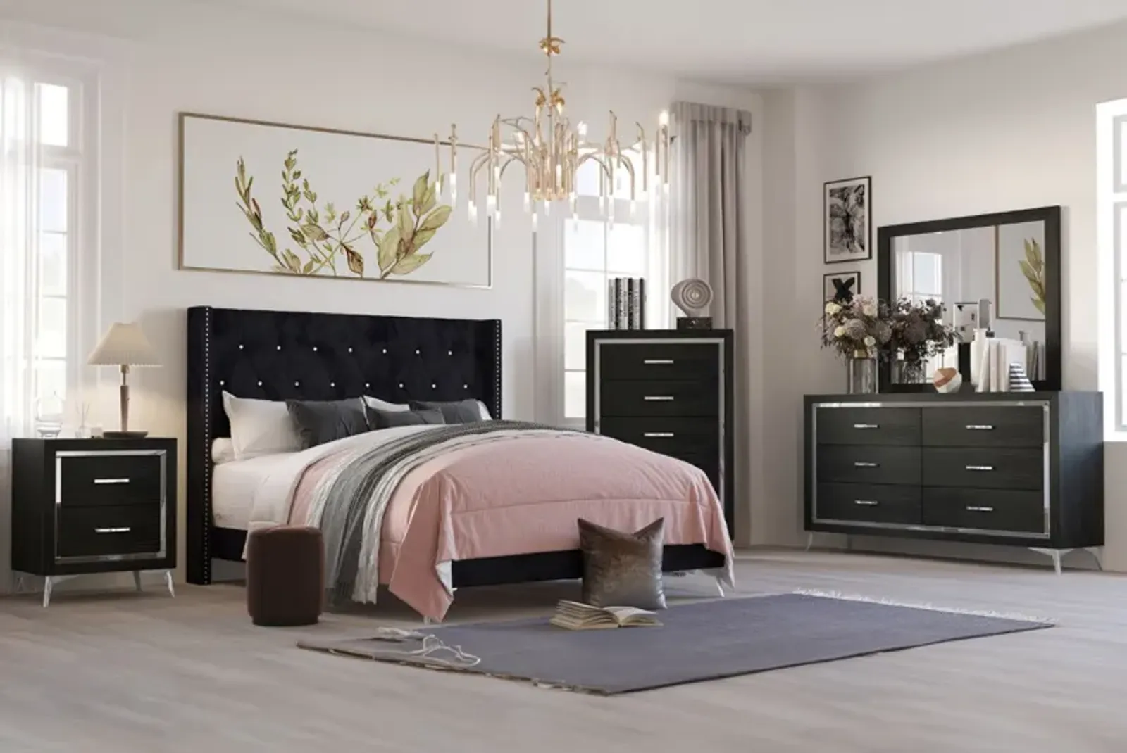 Huxley Panel Bed, Dresser, Mirror & Nightstand in Black, CA King