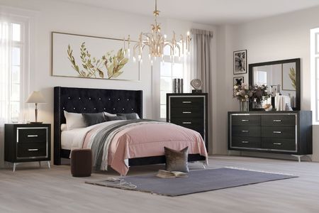 Huxley Panel Bed, Dresser, Mirror & Nightstand in Black, Eastern King