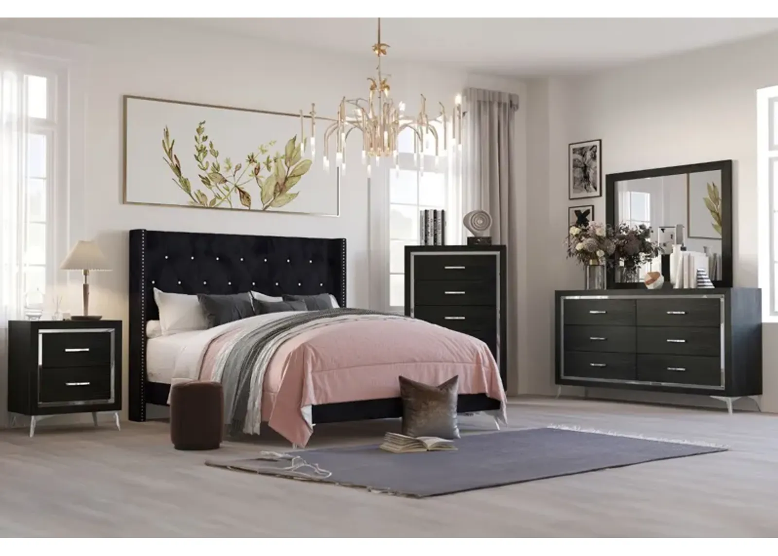 Huxley Panel Bed, Dresser, Mirror & Nightstand in Black, Full