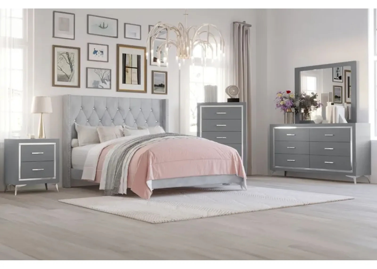 Huxley Panel Bed, Dresser, Mirror & Nightstand in Gray, Queen