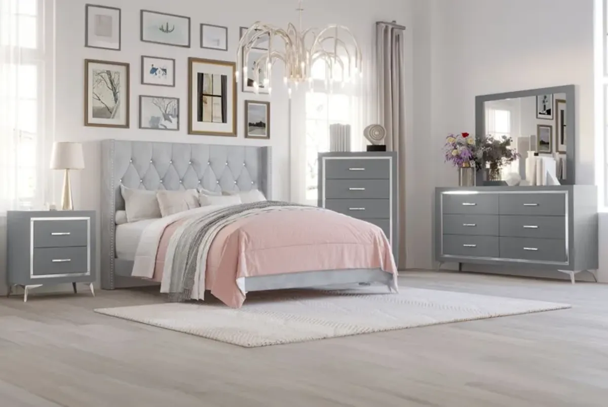 Huxley Panel Bed, Dresser, Mirror & Nightstand in Gray, Queen