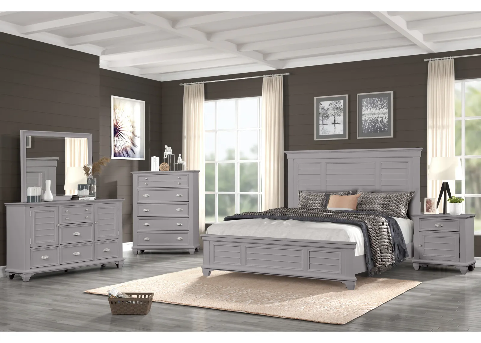 Jamestown Panel Bed, Dresser, Mirror & Nightstand in Gray, Queen