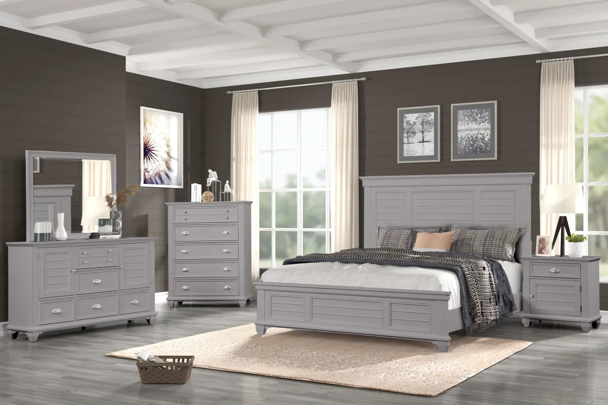 Jamestown Panel Bed, Dresser, Mirror & Nightstand in Gray, Queen