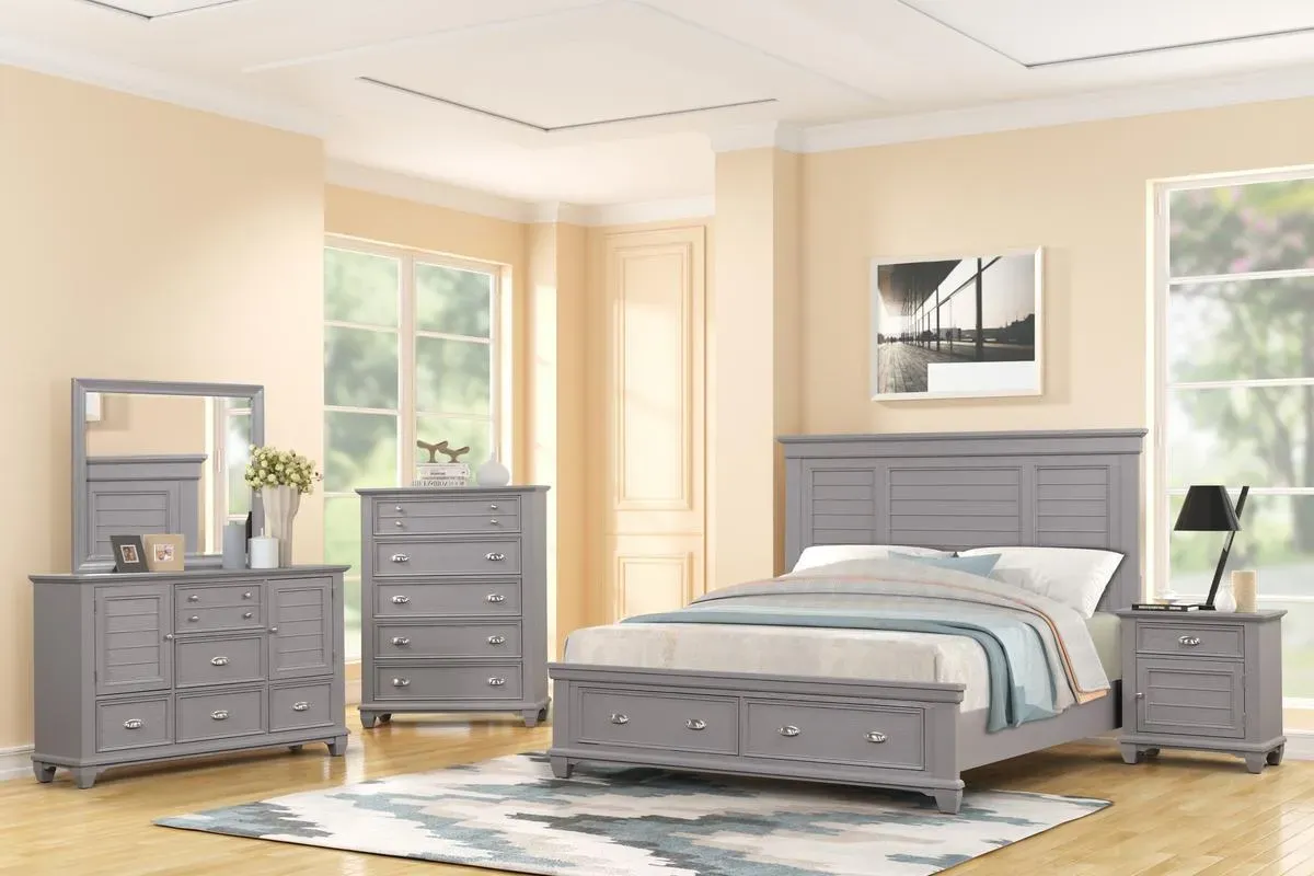 Jamestown Storage Bed, Dresser, Mirror & Nightstand in Gray, Queen