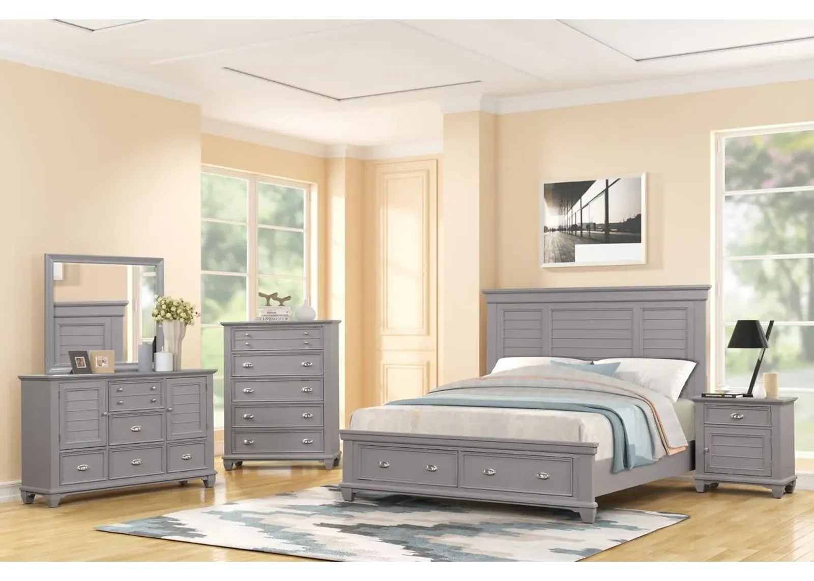 Jamestown Storage Bed, Dresser, Mirror & Nightstand in Gray, Eastern King