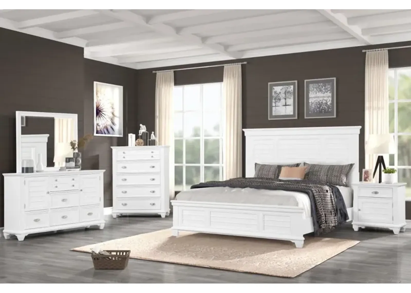 Jamestown Panel Bed, Dresser, Mirror & Nightstand in White, Queen