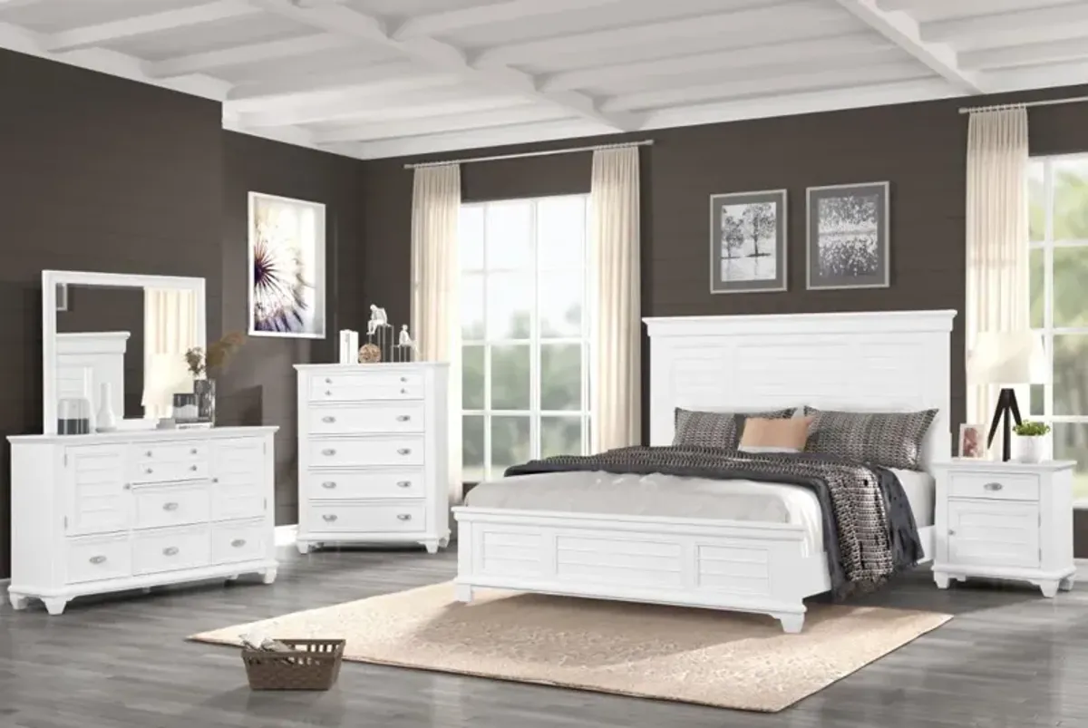 Jamestown Panel Bed, Dresser, Mirror & Nightstand in White, CA King