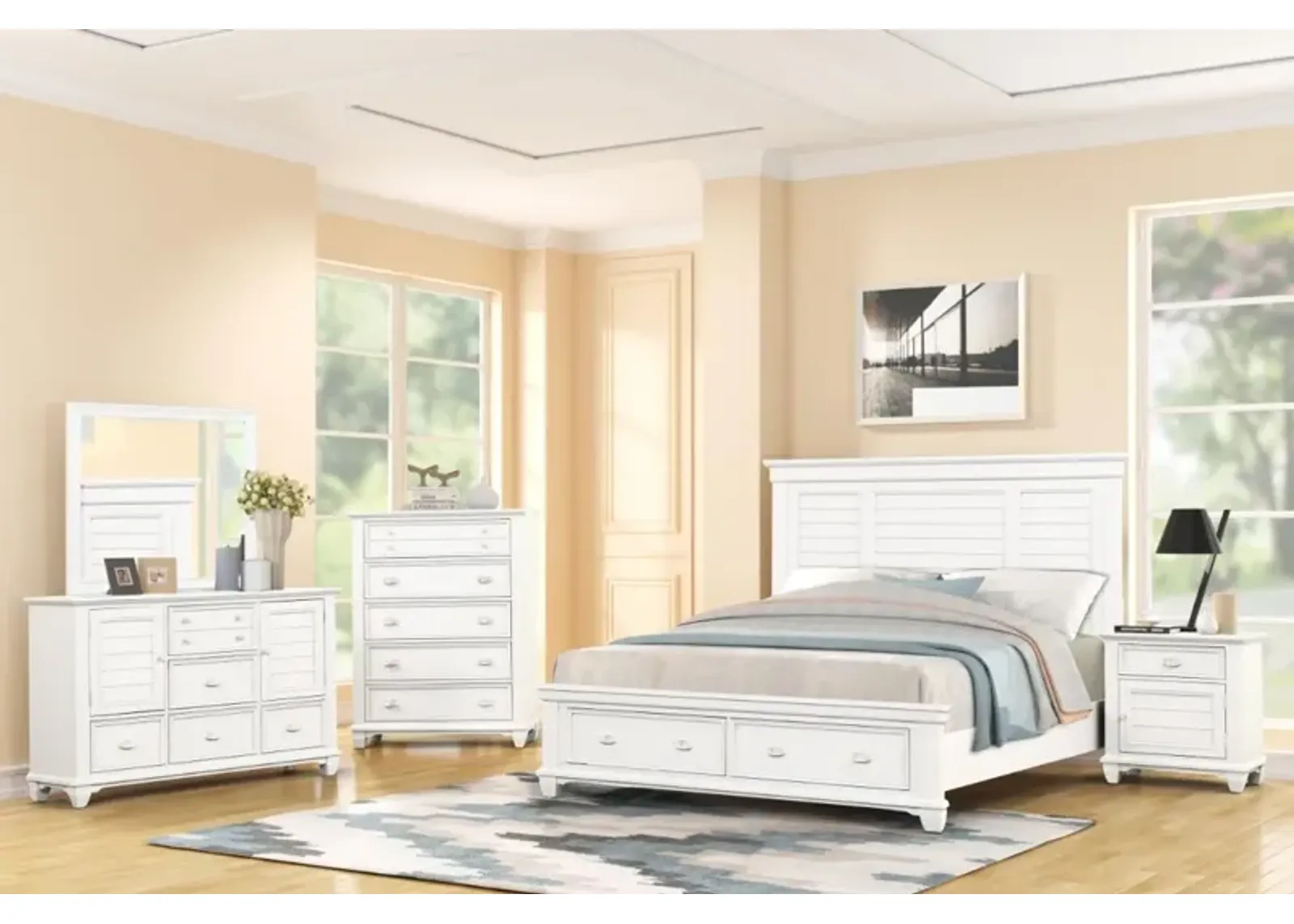 Jamestown Storage Bed, Dresser, Mirror & Nightstand in White, Queen