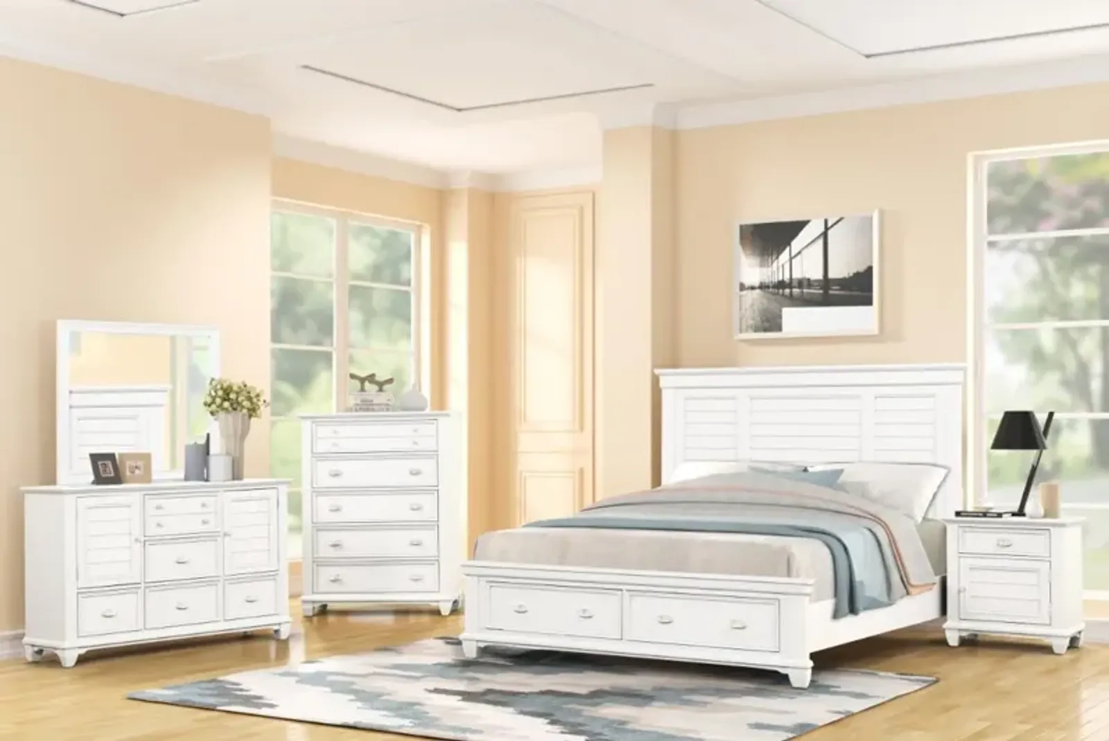 Jamestown Storage Bed, Dresser, Mirror & Nightstand in White, Queen