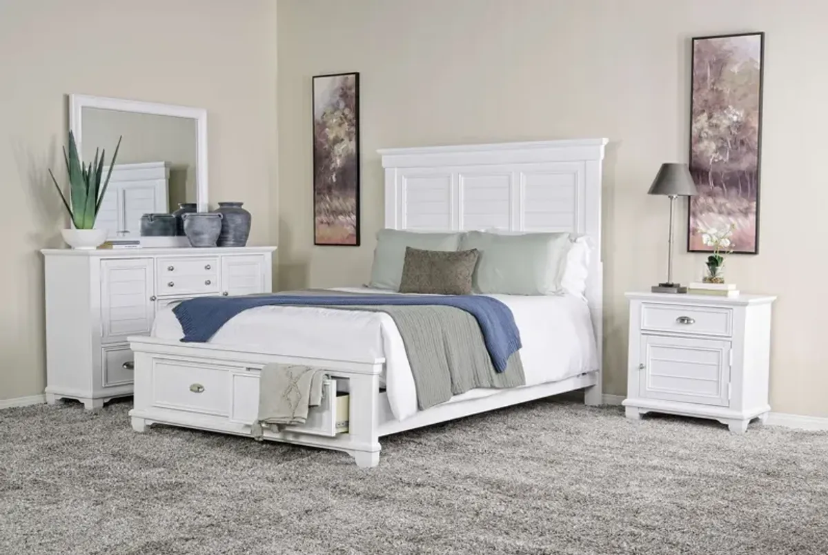 Jamestown Storage Bed, Dresser, Mirror & Nightstand in White, Queen