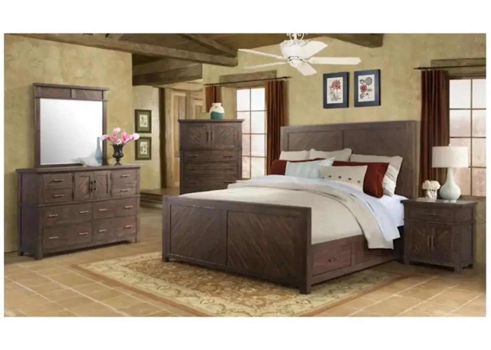 Jax Storage Bed, Dresser, Mirror, Nightstand & Chest in Cherry, Queen