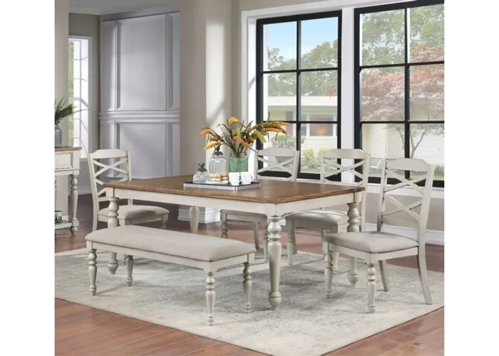 Jennifer Dining Table, 4 Chairs & Bench in White