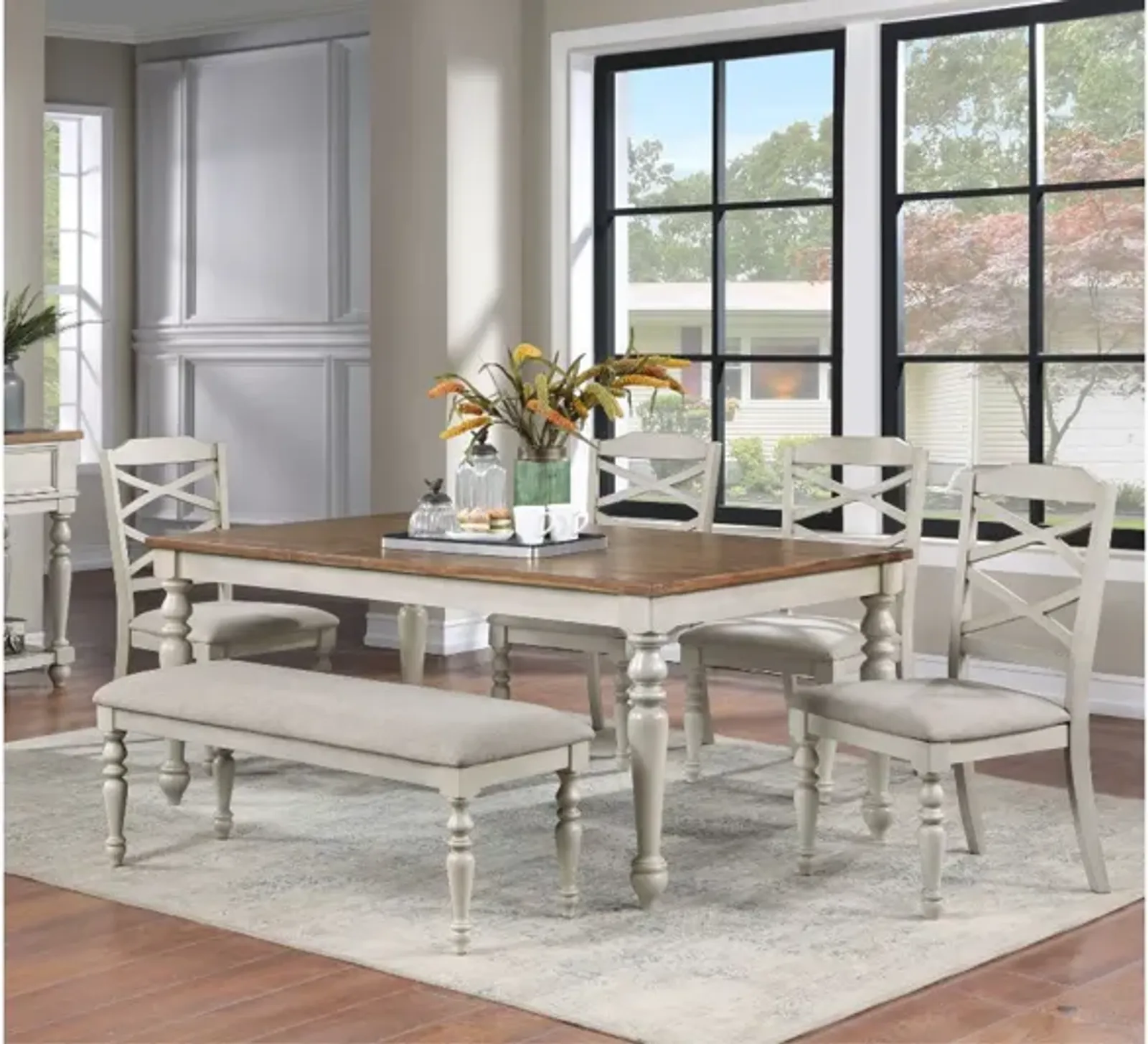 Jennifer Dining Table, 4 Chairs & Bench in White