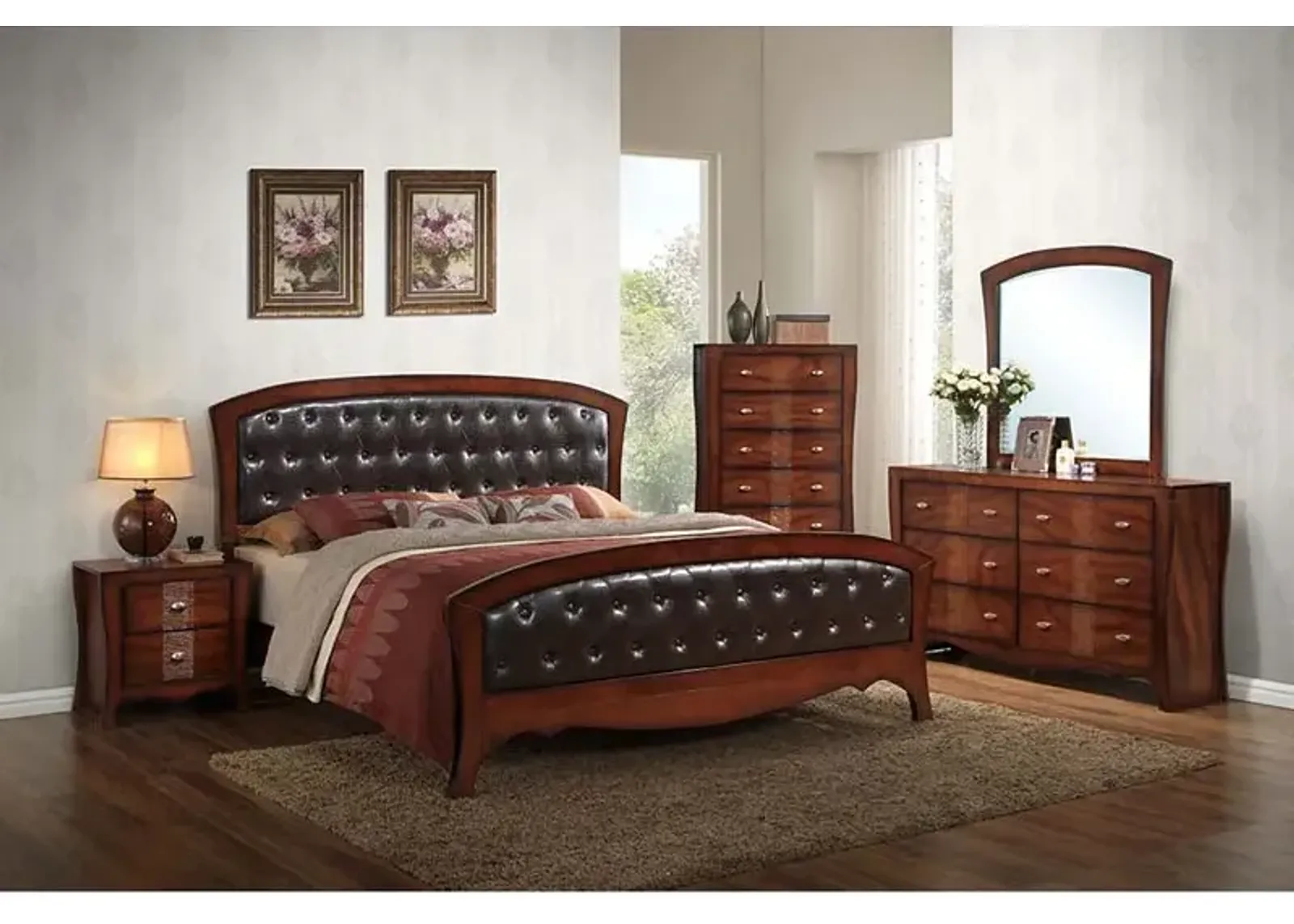 Jenny Panel Bed, Dresser & Mirror in Medium Espresso, Queen