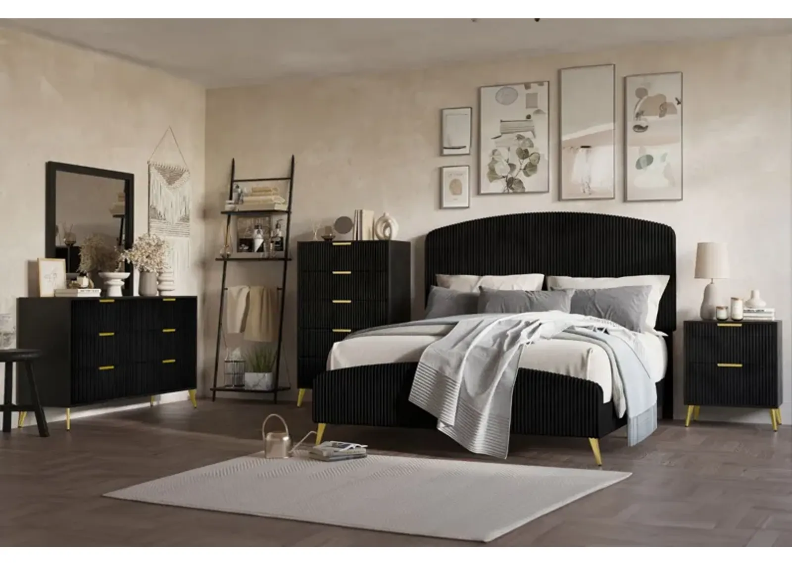 Kailani Upholstered Panel Bed, Dresser, Mirror & Nightstand in Black, Queen