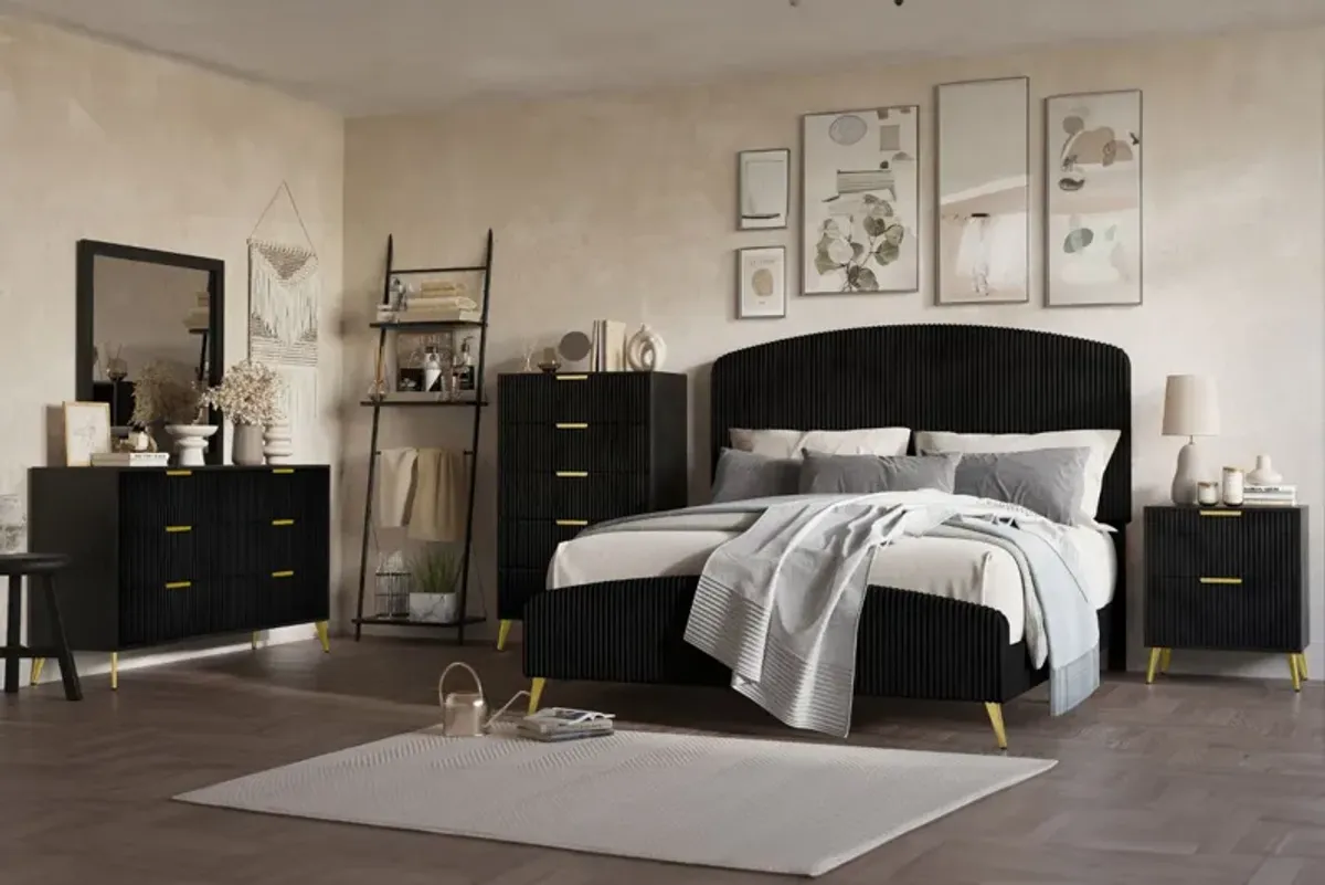 Kailani Upholstered Panel Bed, Dresser, Mirror & Nightstand in Black, CA King